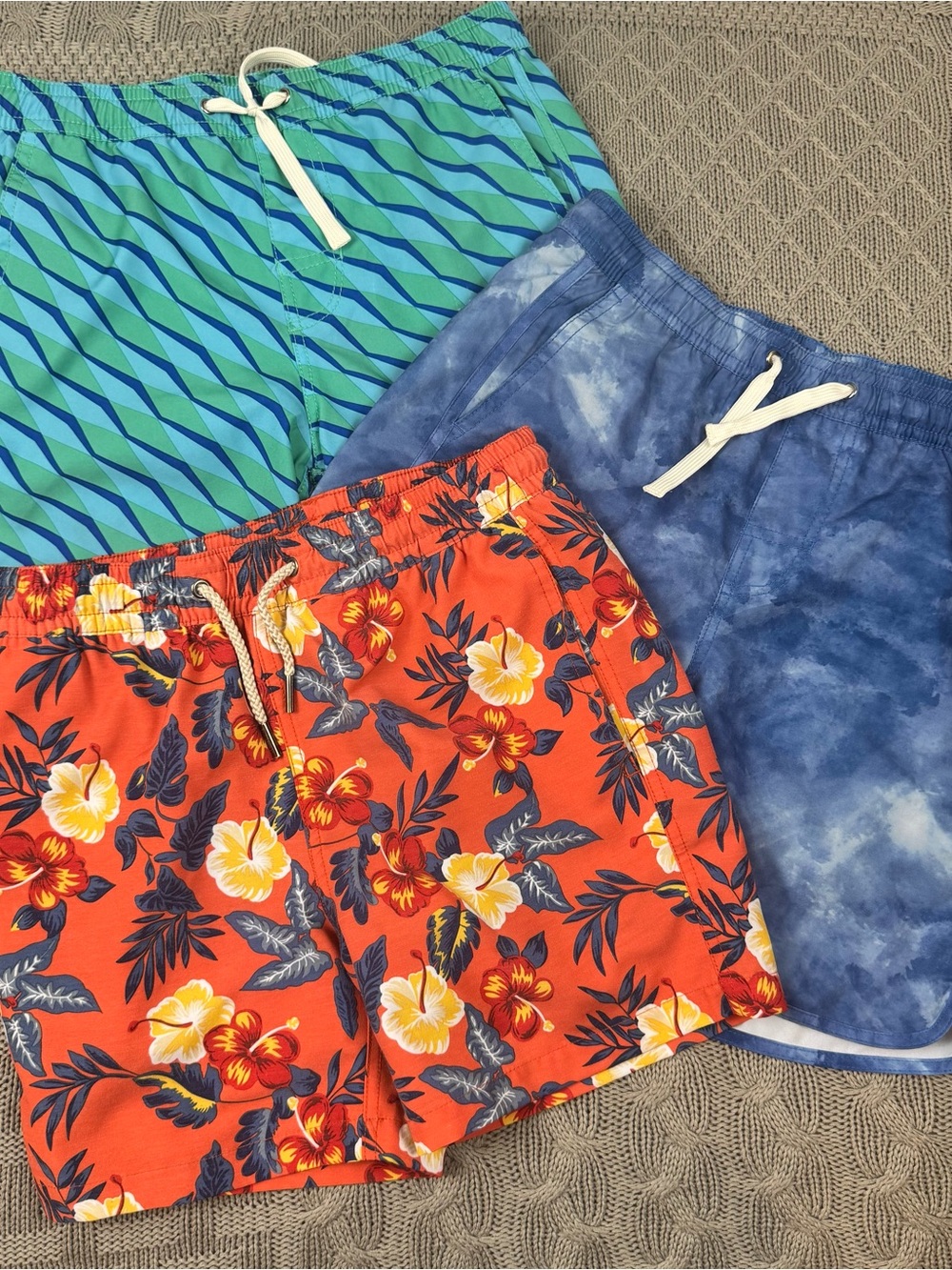 Fair Harbor Boys' Orange Floral, Blue Tie-Dye & Teal Wave Swim Trunks Set